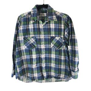 Highlander Flannel by Bud Berma Mens L Blue Green Plaid Button Up Vintage 80s/90